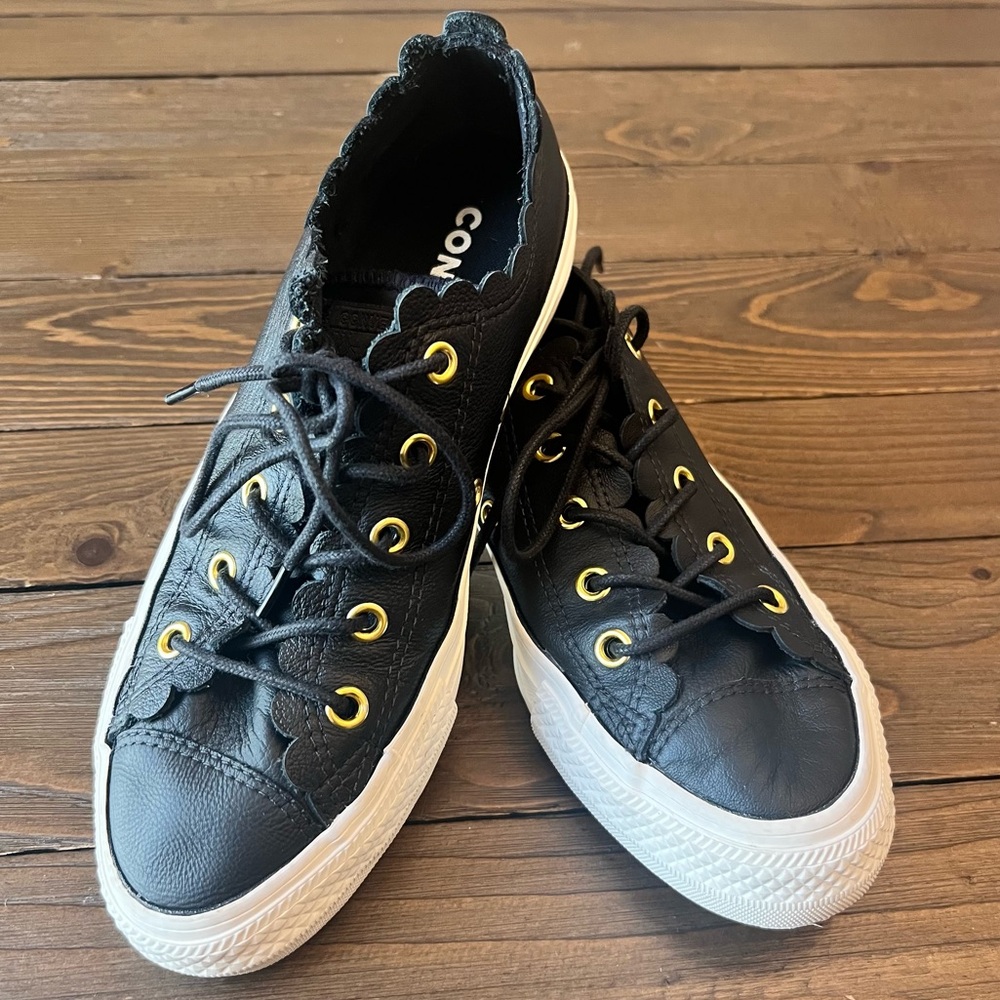 Converse All Star Chuck Taylor Black Leather Sneakers with Gold Eyelets